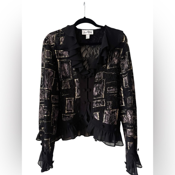 Joseph Ribkoff Black and Silver Ruffled Buttoned Blouse - Picture 2 of 6